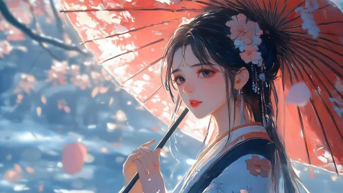 Anime portrait with parasol in soft bokeh cherry blossom light.
