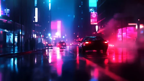 Nighttime city street with neon lights and wet pavement.