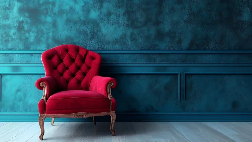 Red velvet armchair against textured teal wall interior.