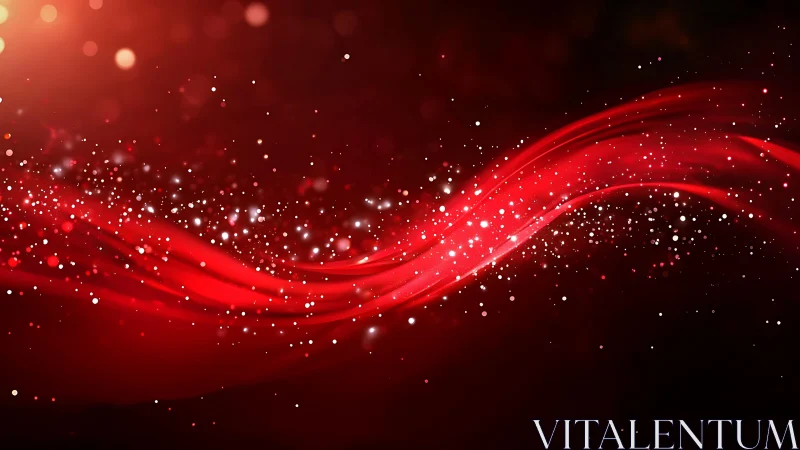 Abstract red wave with sparkling light particles, digital art style.