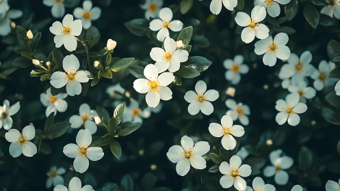 Delicate five-petaled white flowers with golden stamens clustered densely amid verdant foliage