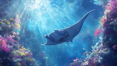 Manta ray glides like a skyship through jeweled coral canyons