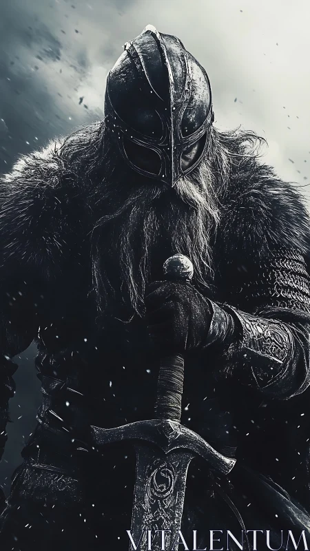 Storm-lit Viking warrior grips sword in brooding silence