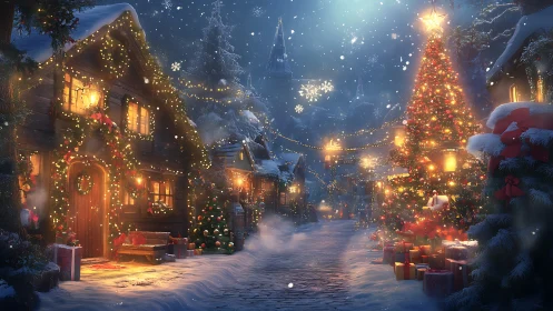 Snowy Christmas village street glows with festive lights.