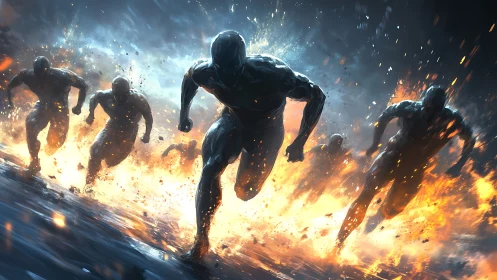 Silhouetted humanoid figures running through fire and smoke.