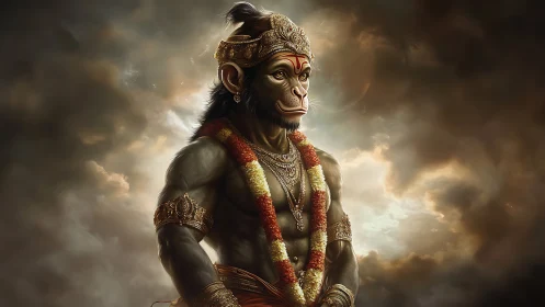 Monkey-headed warrior deity stands in ornate golden armor