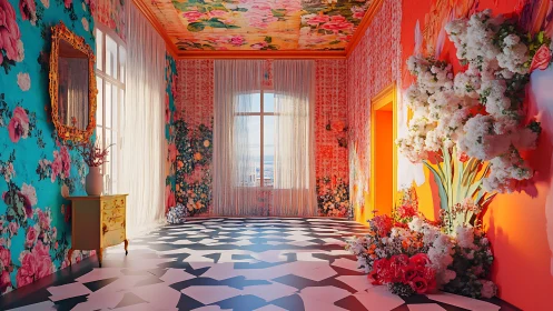 Maximalist floral corridor bathed in warm sunset light.