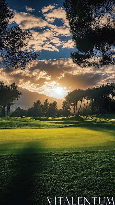 Sunlit golf course fairway under dramatic evening sky.