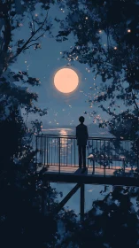 Moonlit loner on a forest balcony, listening to silver water.