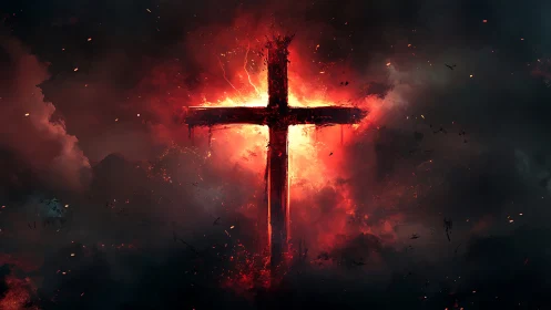 Burning crimson cross emerging through stormy darkness.