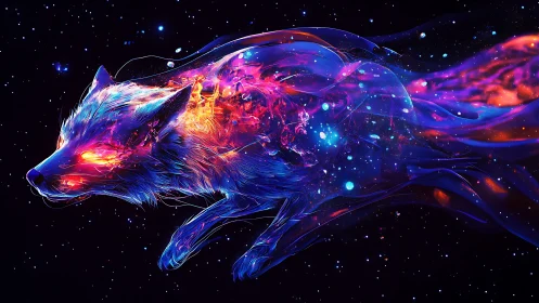 Stellar wolf erupts in neon fire while sprinting through space