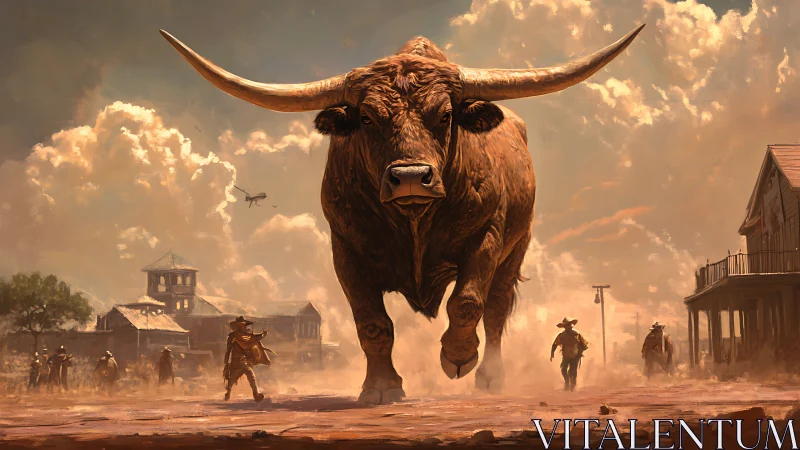 Charging longhorn bull dominates dusty western frontier street