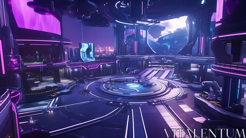 Futuristic neon-lit space station concourse with central hub.