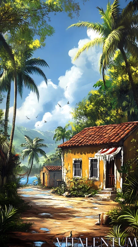 Tropical village lane with yellow house and palm trees.