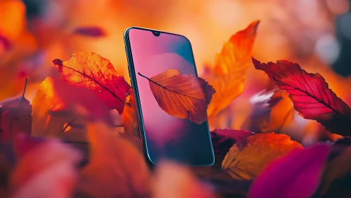 Smartphone rests among vivid autumn foliage in soft focus.