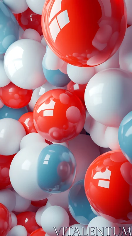 Clustered glossy spheres in red white and blue composition.