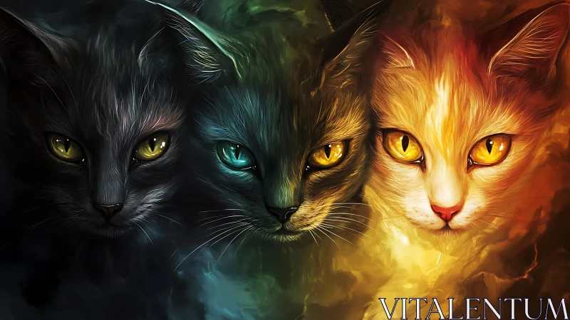 Three Cats with Luminous Eyes Against Fiery Color Transitions.