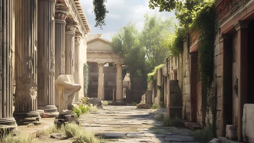 Photorealistic ancient colonnade courtyard with soft daylight.