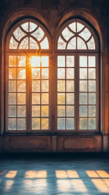 Sunlit arched windows cast long geometric shadows on floor