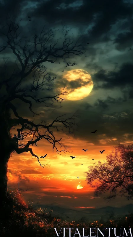 Nocturnal eclipse over burning horizon with silhouetted trees.