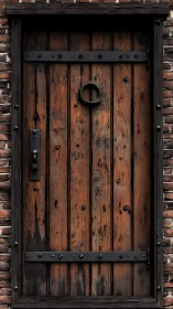 Weathered wooden door with iron hardware against brick wall
