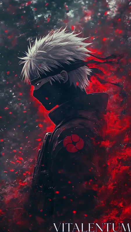 Masked anime warrior in red embers and dark mist profile