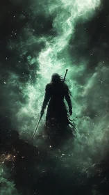 Dark swordbearer stands in swirling emerald stormveil.