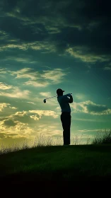 Silhouetted golfer carves twilight arcs across stormy sky.