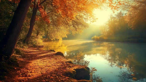 Golden autumn riverbank glows in soft, misty sunrise light