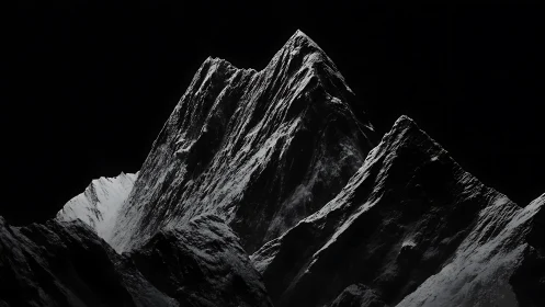 Sharp snow-covered mountain peaks on dark night sky