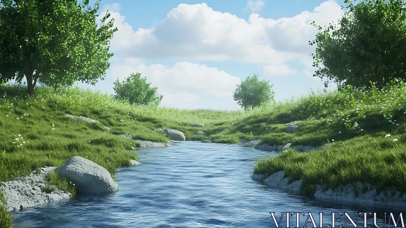 Sunlit meadow stream quietly rehearses a summer afternoon