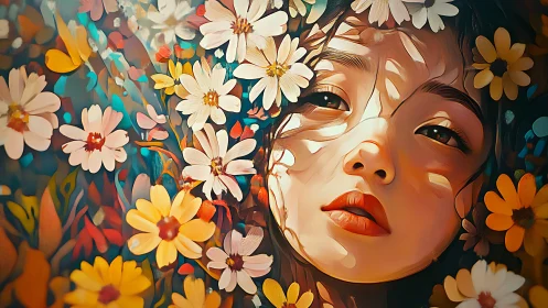 Young woman’s face framed by vivid daisies and petals.