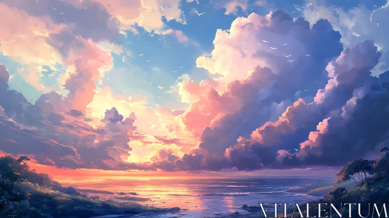 Coastal horizon under dense illuminated cumulus cloudscape.