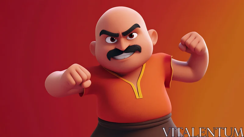 Bald cartoon fighter with mustache on warm gradient background