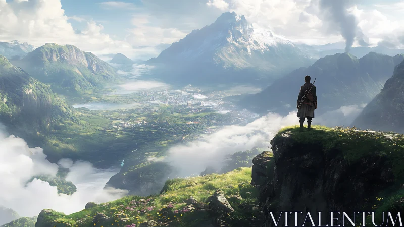 Figure overlooks expansive valley from high rocky cliff edge