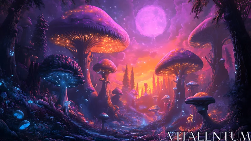 Bioluminescent mushroom forest under glowing violet moon.
