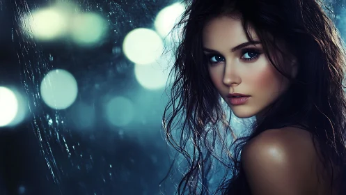 Midnight rain muse with luminous eyes and city echoes.