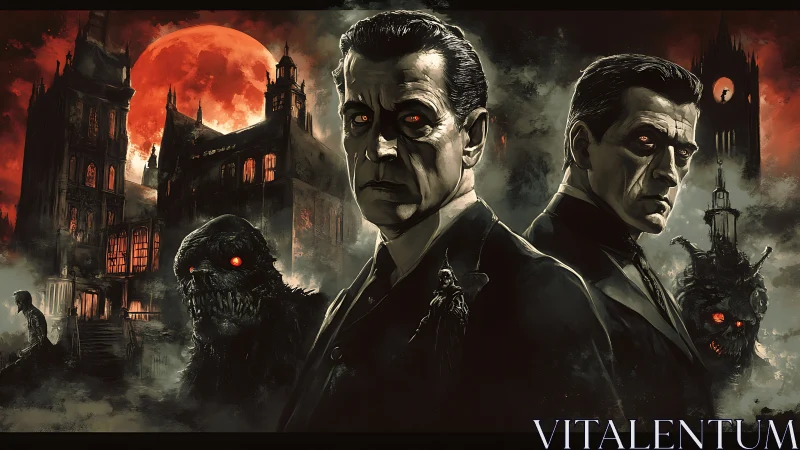 Two stern men stand before haunted gothic buildings at night