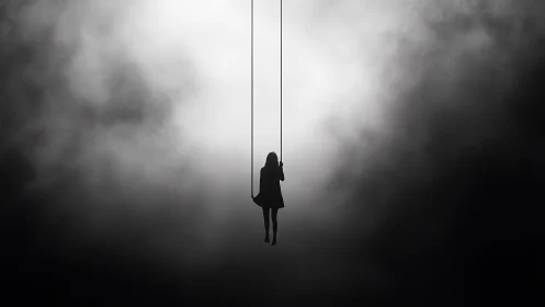 Monochrome silhouette on suspended swing in fog space.
