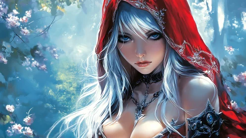 Digital portrait depicts hooded silver-haired woman in forest