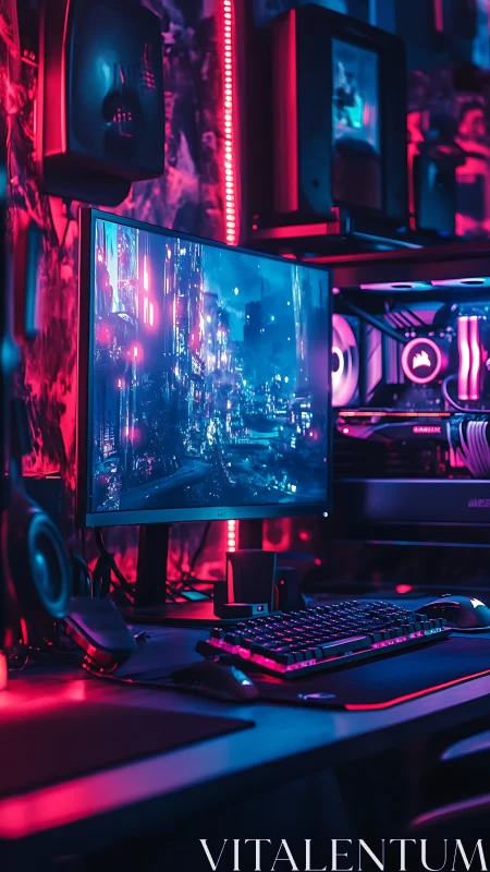 Neon city gamer battlestation glowing in magenta dreams.