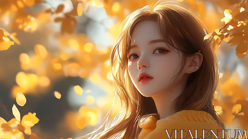 Autumn light portrait of serene girl in golden foliage.