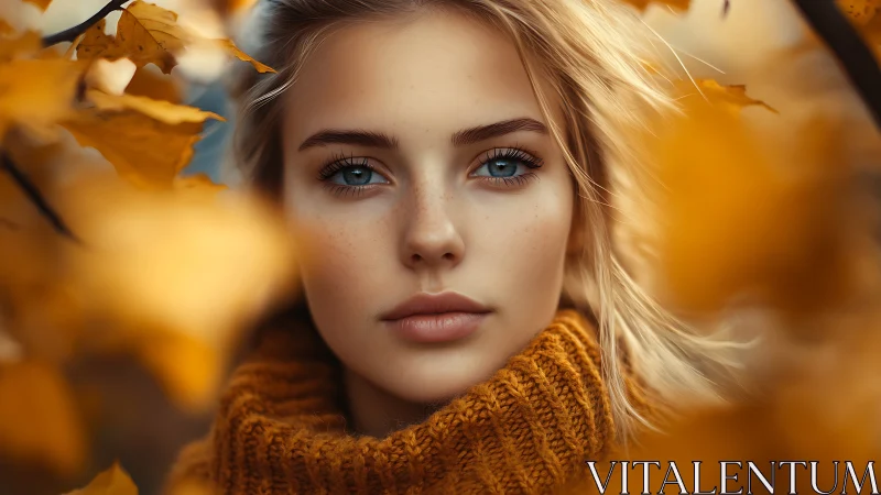 Young woman looks into camera amid blurred autumn leaves