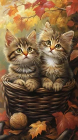 Two Tabby Kittens in Wicker Basket Among Autumn Leaves