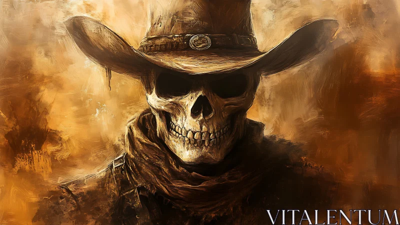 Skeleton cowboy portrait shows skull in hat and scarf