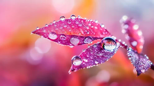 Macro analysis of dewy magenta foliage with bokeh field.