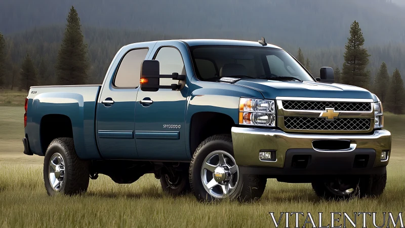 Mountain meadow workhorse truck gleams in quiet twilight calm.