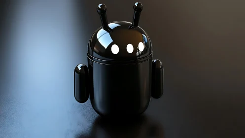 Glossy black antenna robot figurine on reflective surface