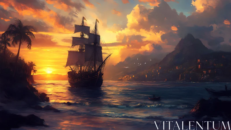Sunlit galleon glides toward a misty tropical harbor at dusk.