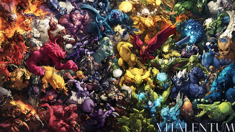 Mythic elemental creatures clash in dense chromatic battle